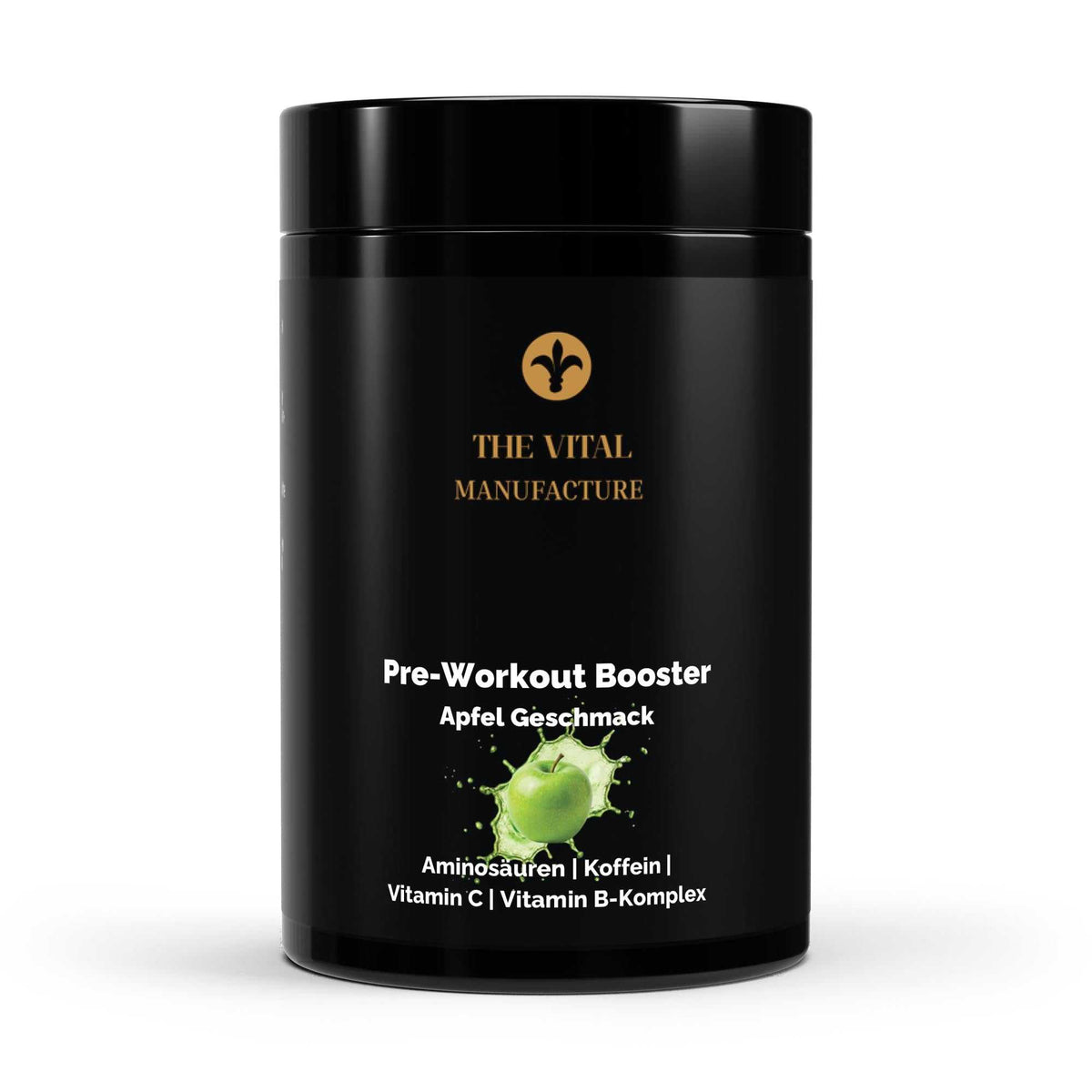 Schwarze Dose des Pre-Workout Boosters von THE VITAL MANUFACTURE, Geschmack Apfel, Fokus auf 80 Portionen und Inhaltsstoffe wie Beta-Alanin und Koffein.