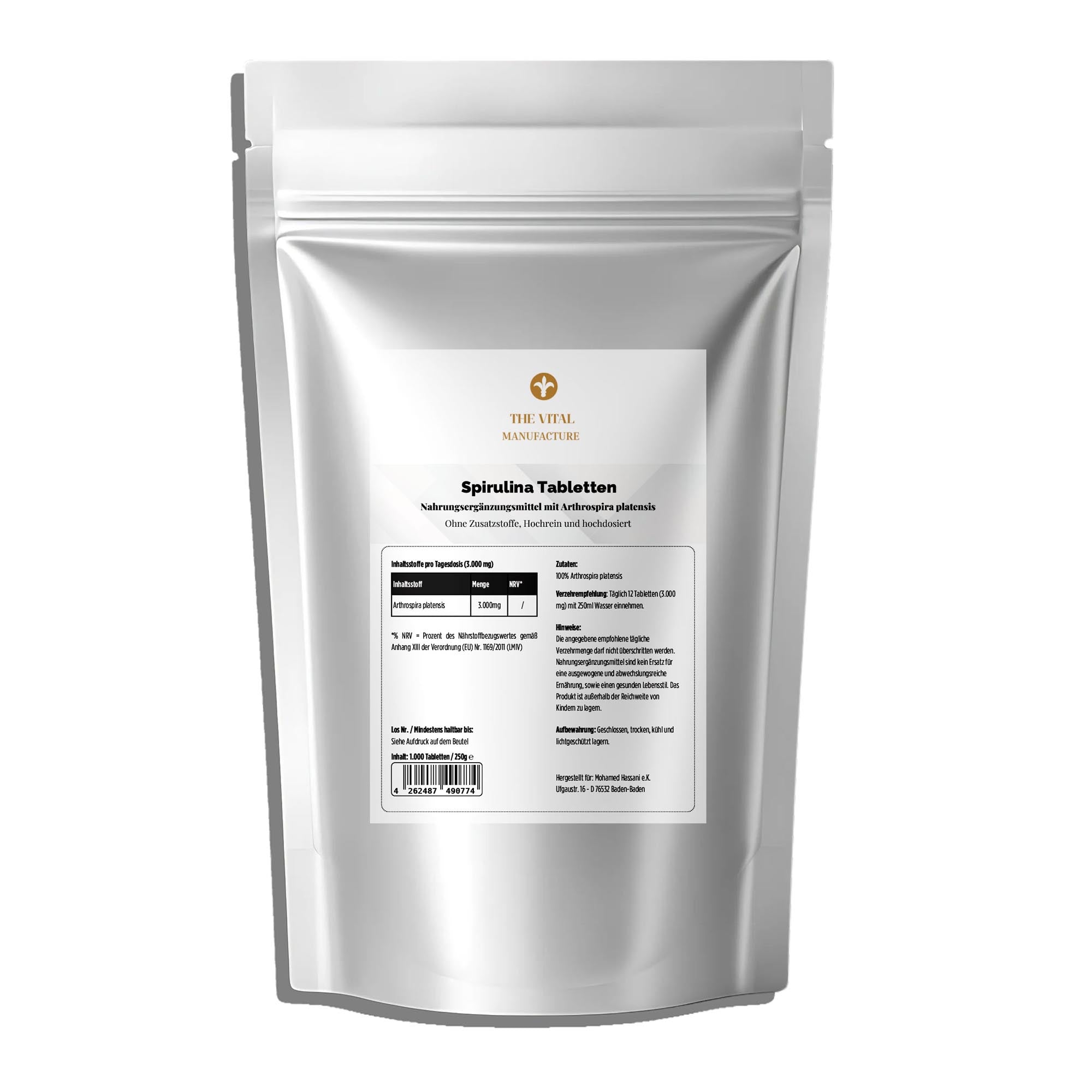 250g Packung Spirulina Tabletten von THE VITAL MANUFACTURE, 1.000 Presslinge aus 100% reiner Arthrospira platensis.