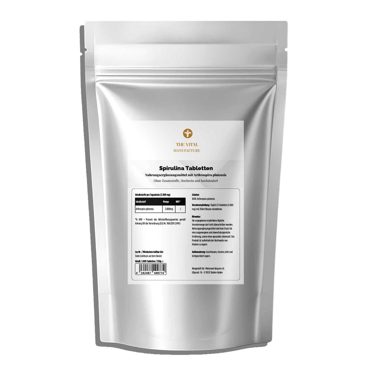 250g Packung Spirulina Tabletten von THE VITAL MANUFACTURE, 1.000 Presslinge aus 100% reiner Arthrospira platensis.
