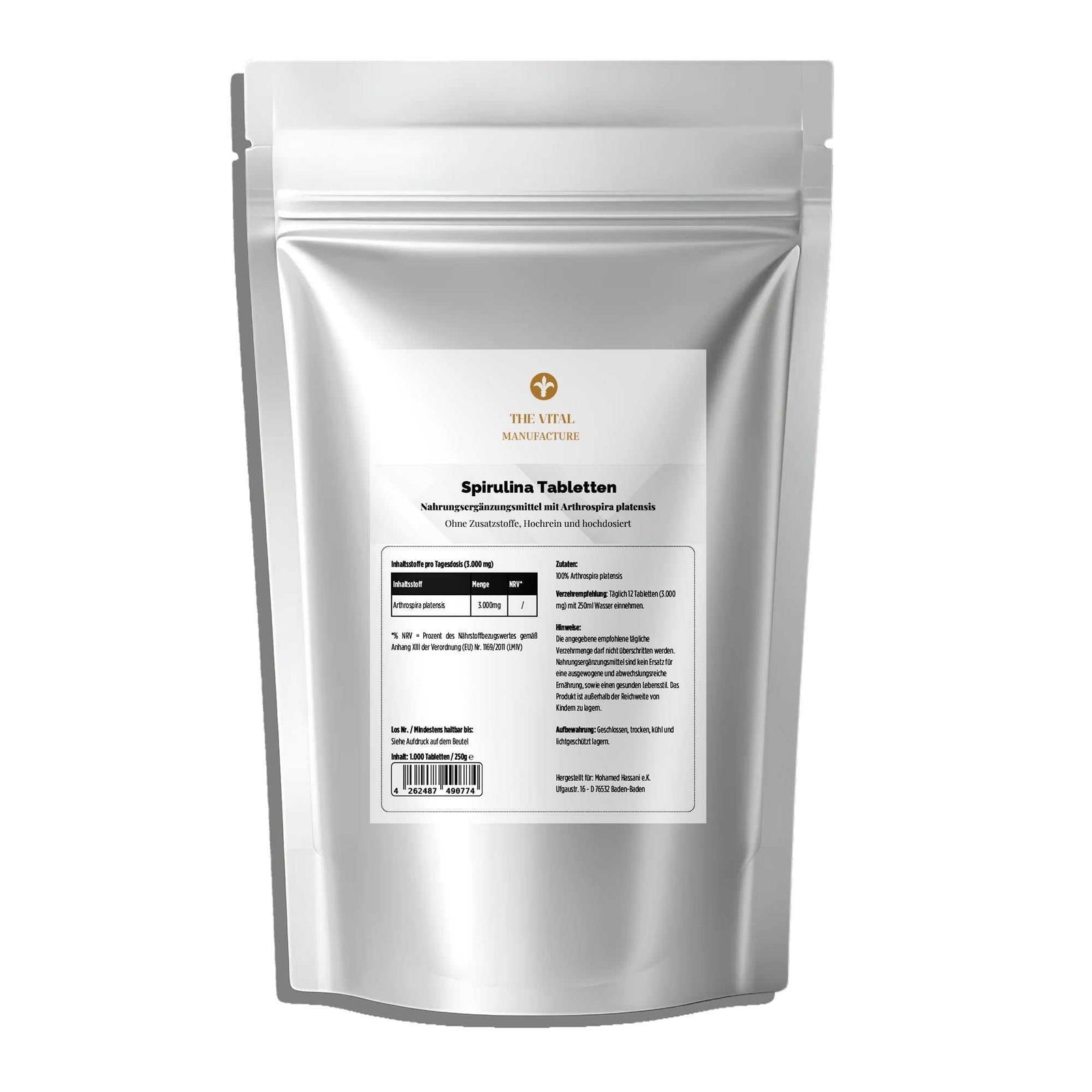250g Packung Spirulina Tabletten von THE VITAL MANUFACTURE, 1.000 Presslinge aus 100% reiner Arthrospira platensis.