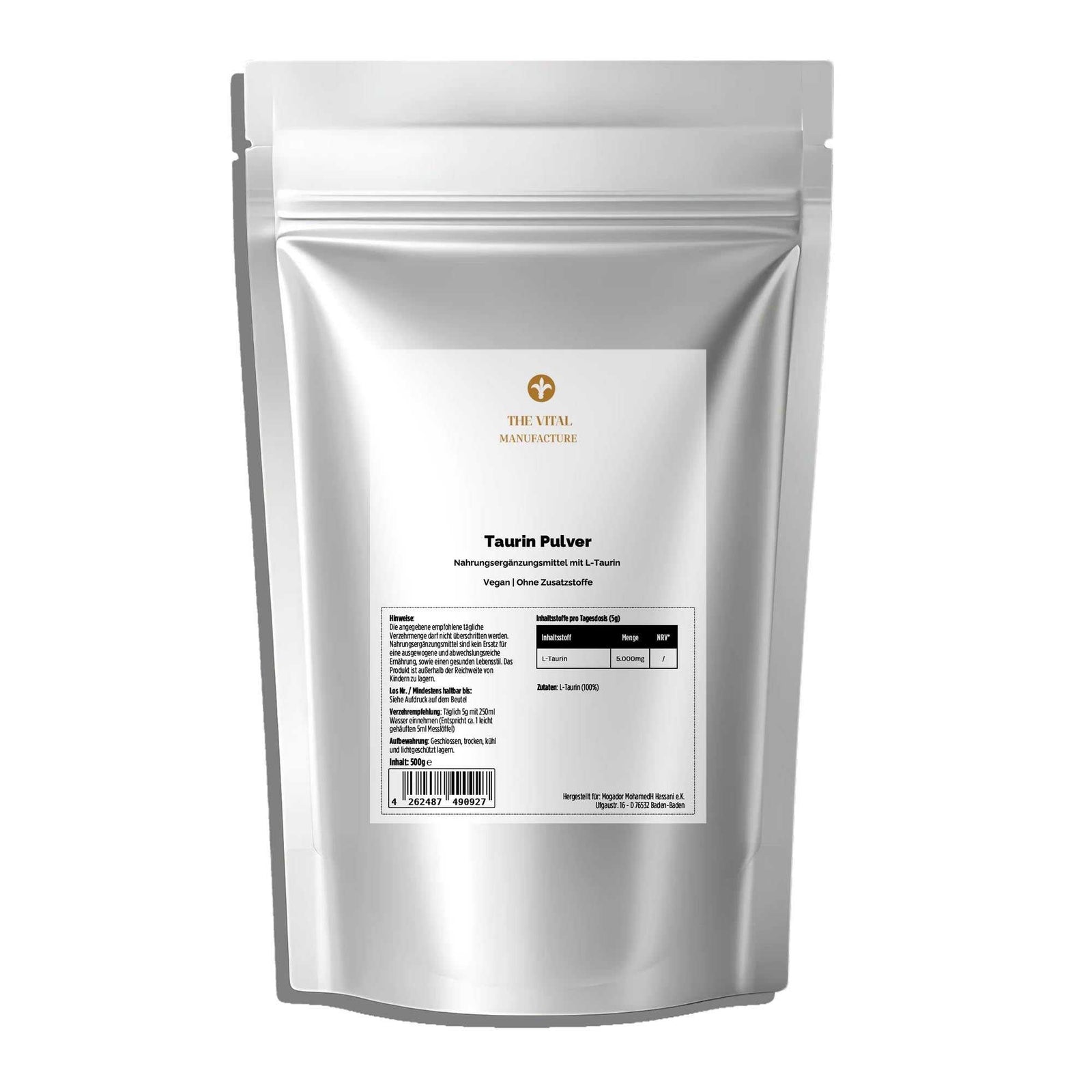 500g Doypack mit reinem Taurin Pulver von THE VITAL MANUFACTURE, 100% vegan und ohne künstliche Zusätze.