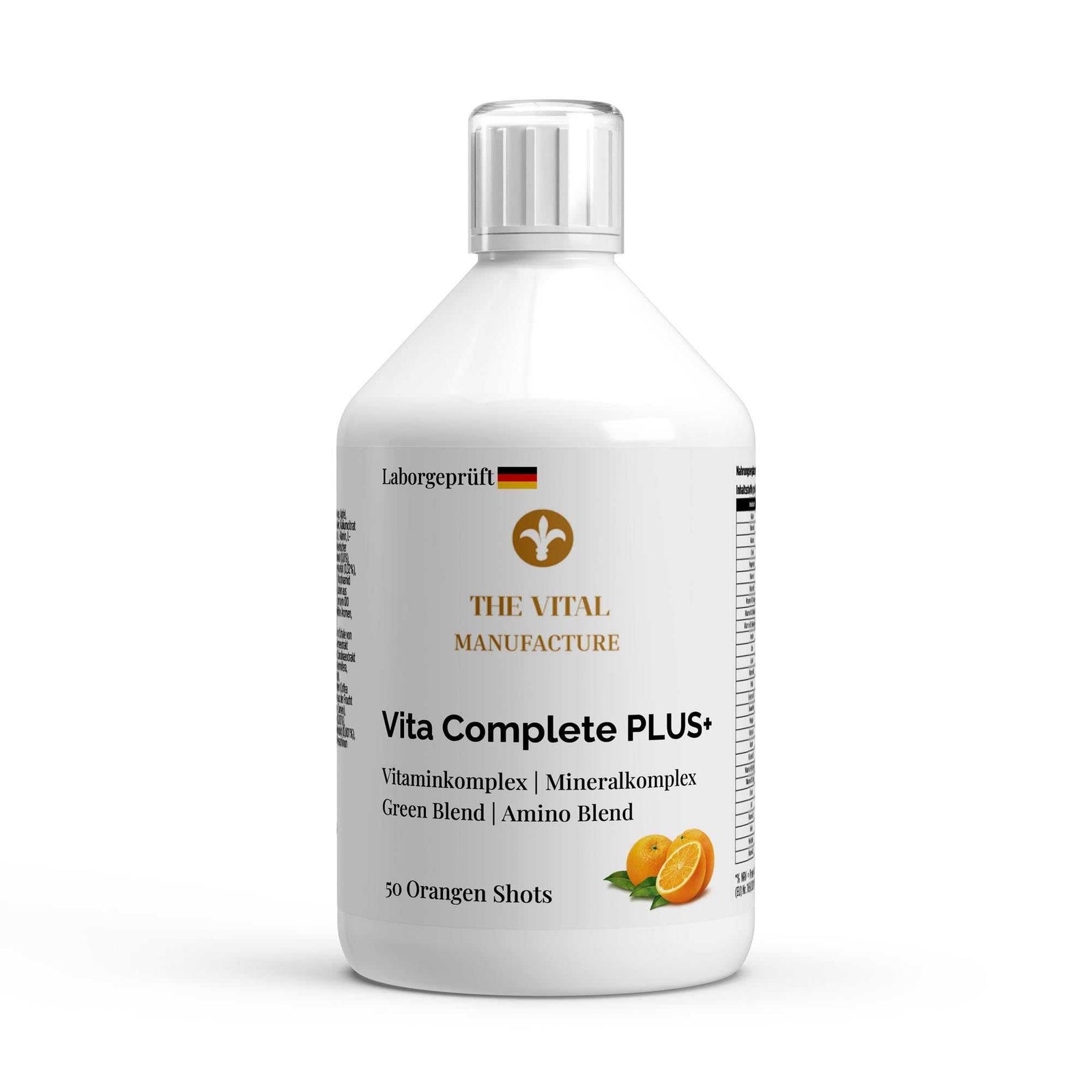 500ml Flasche Vita Complete Multivitamin von THE VITAL MANUFACTURE, flüssige vegane Shots mit Orangen-Geschmack und Amino-Komplex.