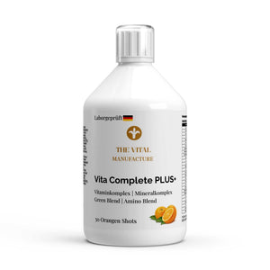 500ml láhev Vita Complete Multivitamin od THE VITAL MANUFACTURE, tekuté veganské šoty s pomerančovou příchutí a aminokyselinovým komplexem.
