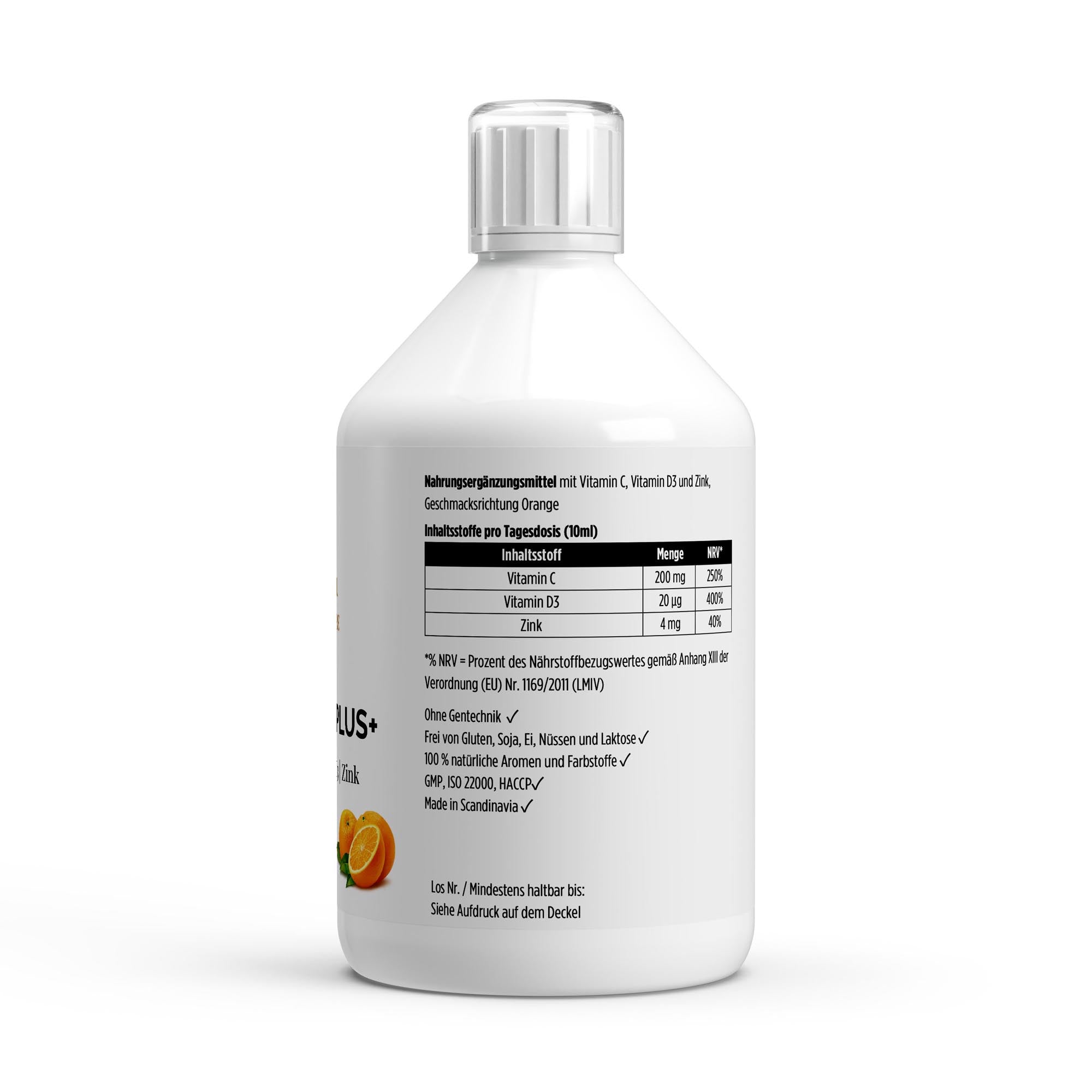 500ml Flasche Vita Shield PLUS+ von THE VITAL MANUFACTURE, flüssiger Vitamin-Komplex mit Vitamin C, D3 und Zink in der Geschmacksrichtung Orange.
