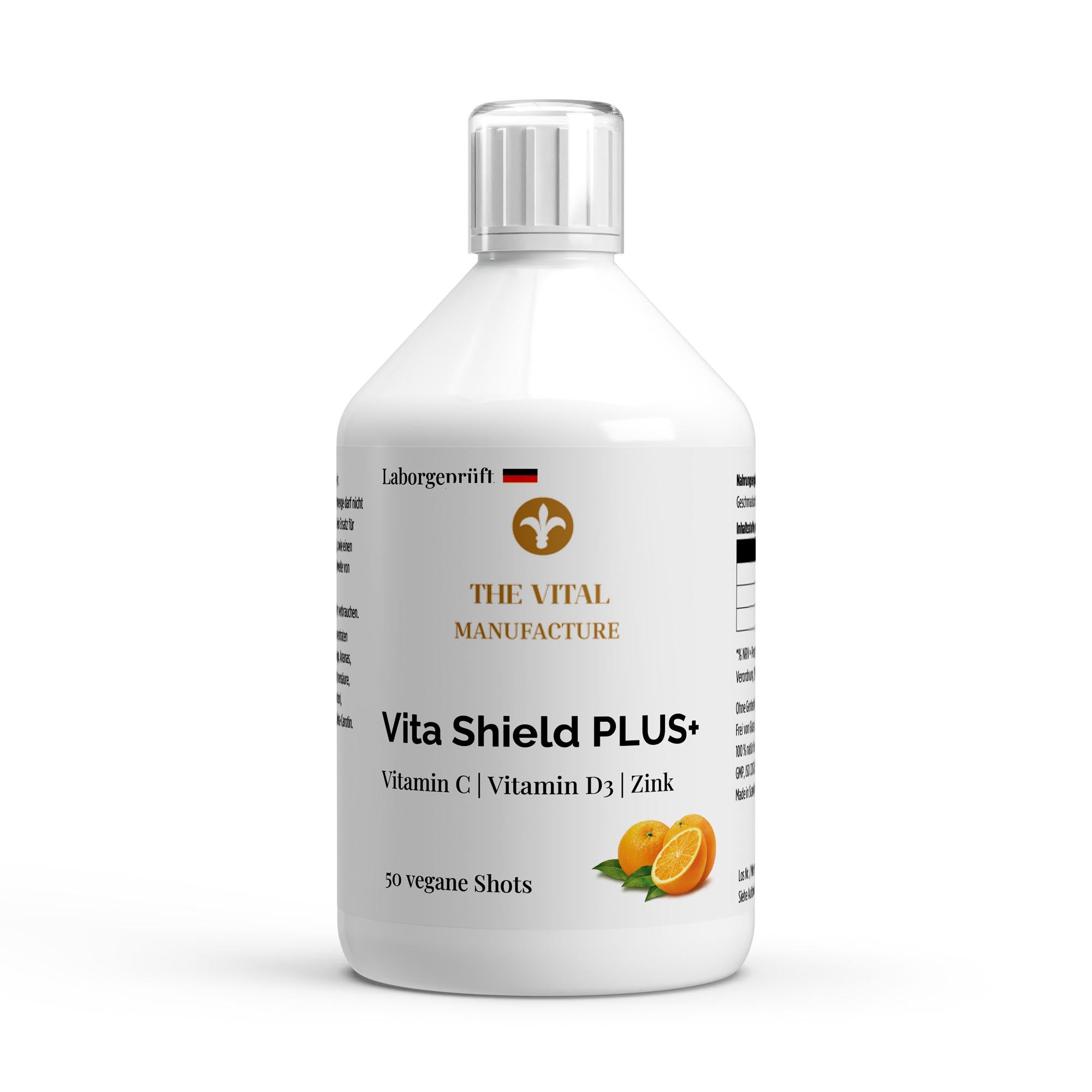 500ml Flasche Vita Shield PLUS+ von THE VITAL MANUFACTURE, flüssiger Vitamin-Komplex mit Vitamin C, D3 und Zink in der Geschmacksrichtung Orange.