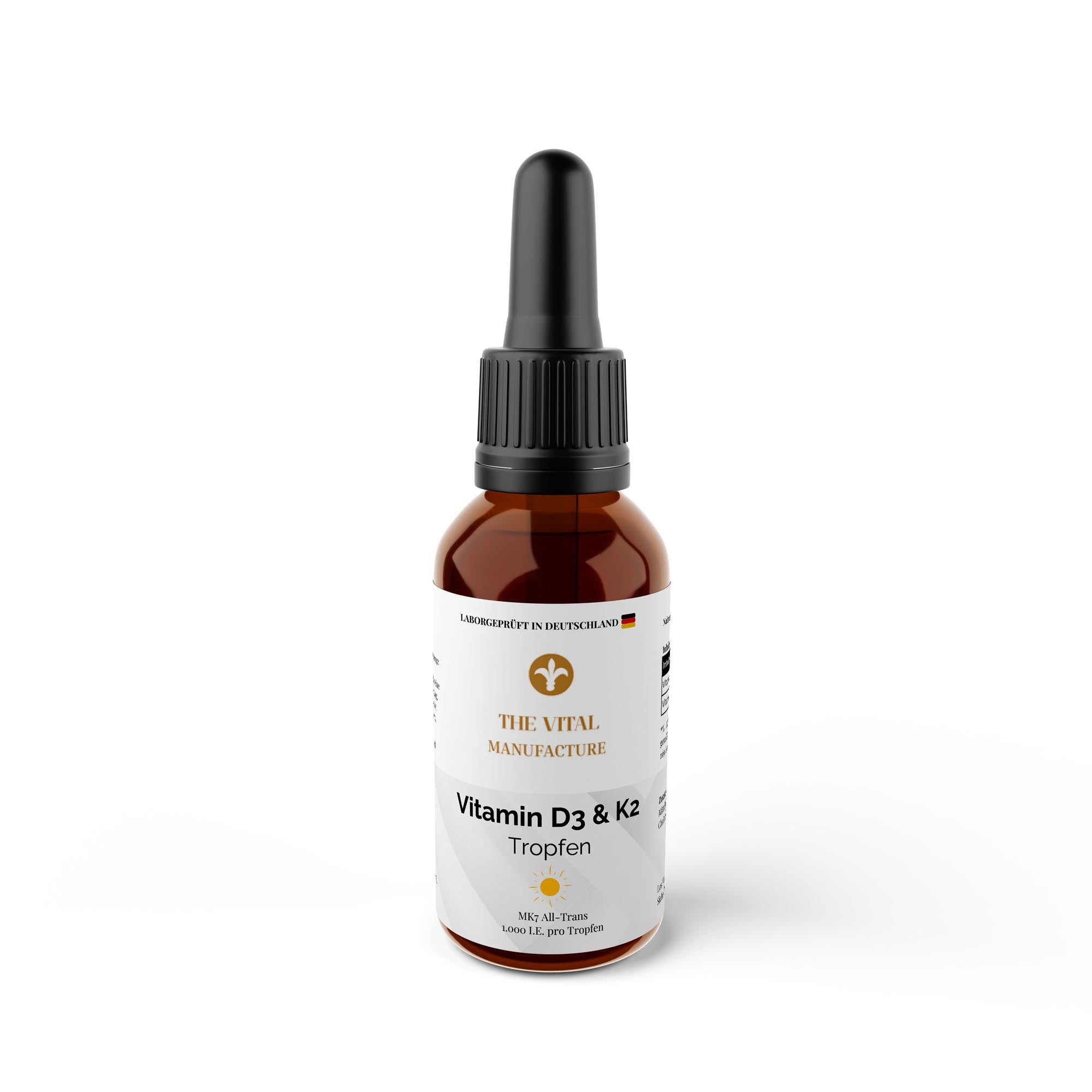 50ml Flasche Vitamin D3 & K2 Tropfen von THE VITAL MANUFACTURE, laborgeprüft, 1000 I.E. pro Tropfen auf Kokosöl-Basis.
