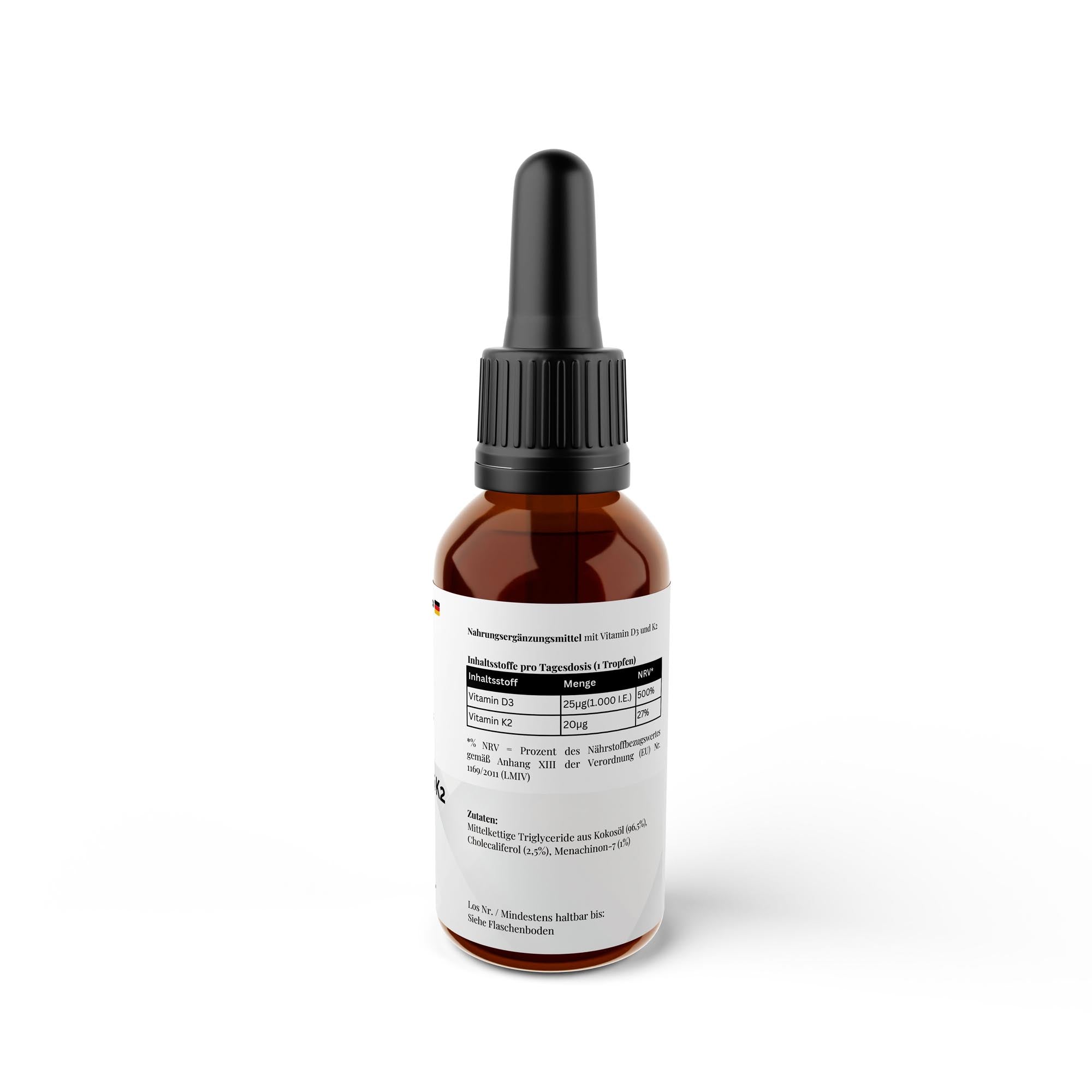 Zusammensetzung 50ml Flasche Vitamin D3 & K2 Tropfen von THE VITAL MANUFACTURE, laborgeprüft, 1000 I.E. pro Tropfen auf Kokosöl-Basis.