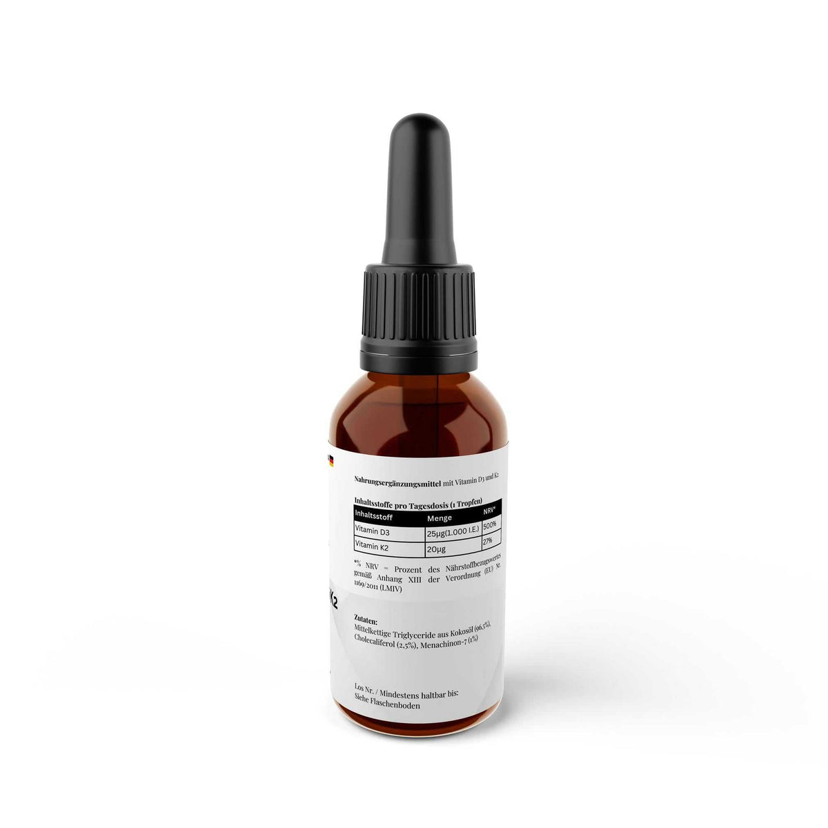 Zusammensetzung 50ml Flasche Vitamin D3 & K2 Tropfen von THE VITAL MANUFACTURE, laborgeprüft, 1000 I.E. pro Tropfen auf Kokosöl-Basis.