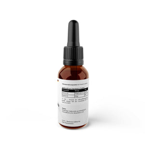 Zusammensetzung 50ml Flasche Vitamin D3 & K2 Tropfen von THE VITAL MANUFACTURE, laborgeprüft, 1000 I.E. pro Tropfen auf Kokosöl-Basis.