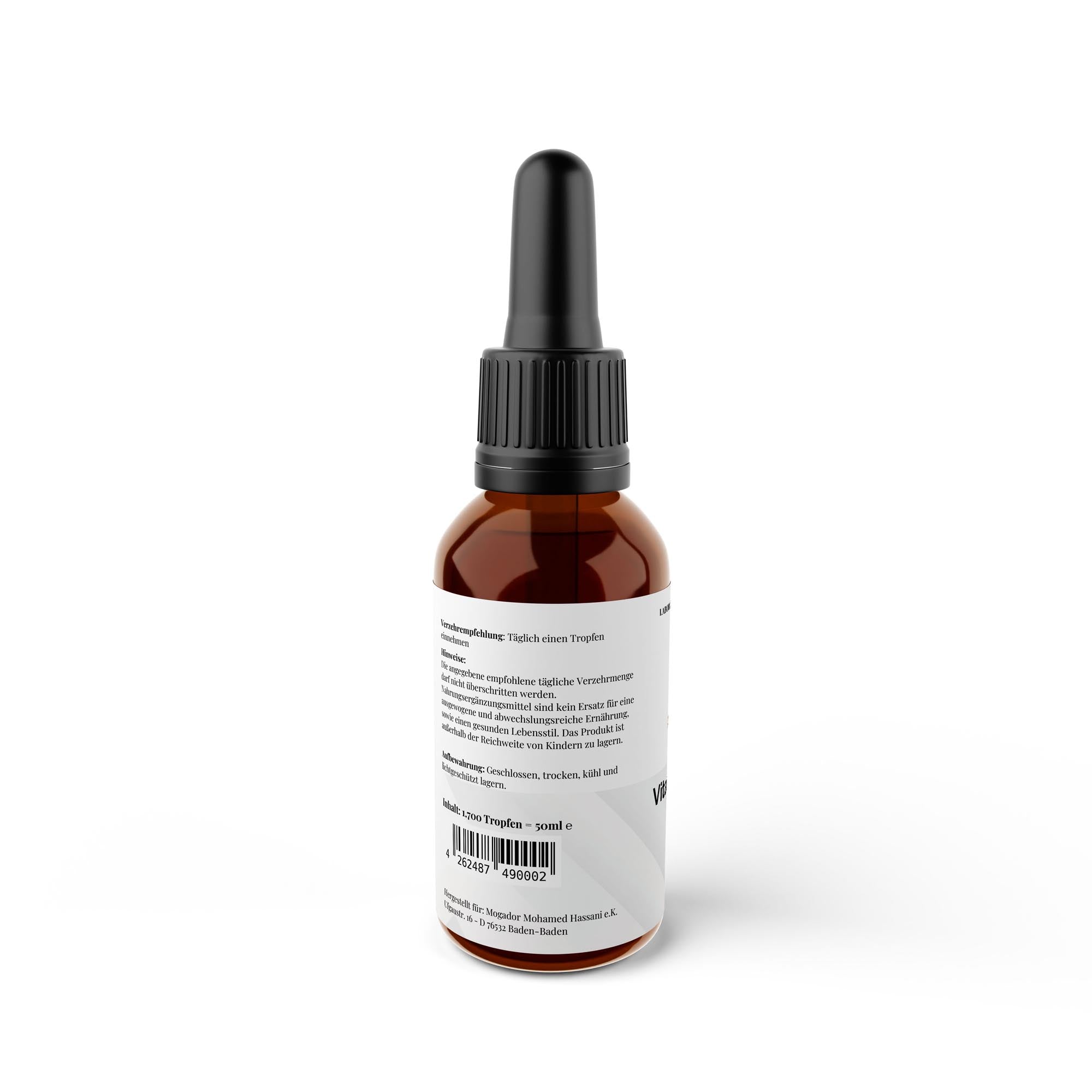 Infos 50ml Flasche Vitamin D3 & K2 Tropfen von THE VITAL MANUFACTURE, laborgeprüft, 1000 I.E. pro Tropfen auf Kokosöl-Basis.