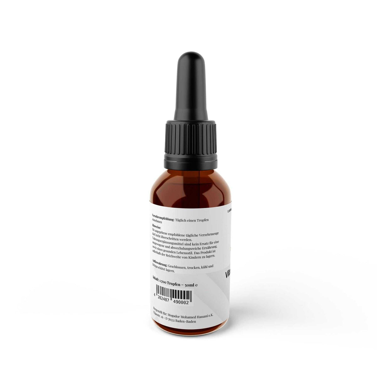 Infos 50ml Flasche Vitamin D3 & K2 Tropfen von THE VITAL MANUFACTURE, laborgeprüft, 1000 I.E. pro Tropfen auf Kokosöl-Basis.