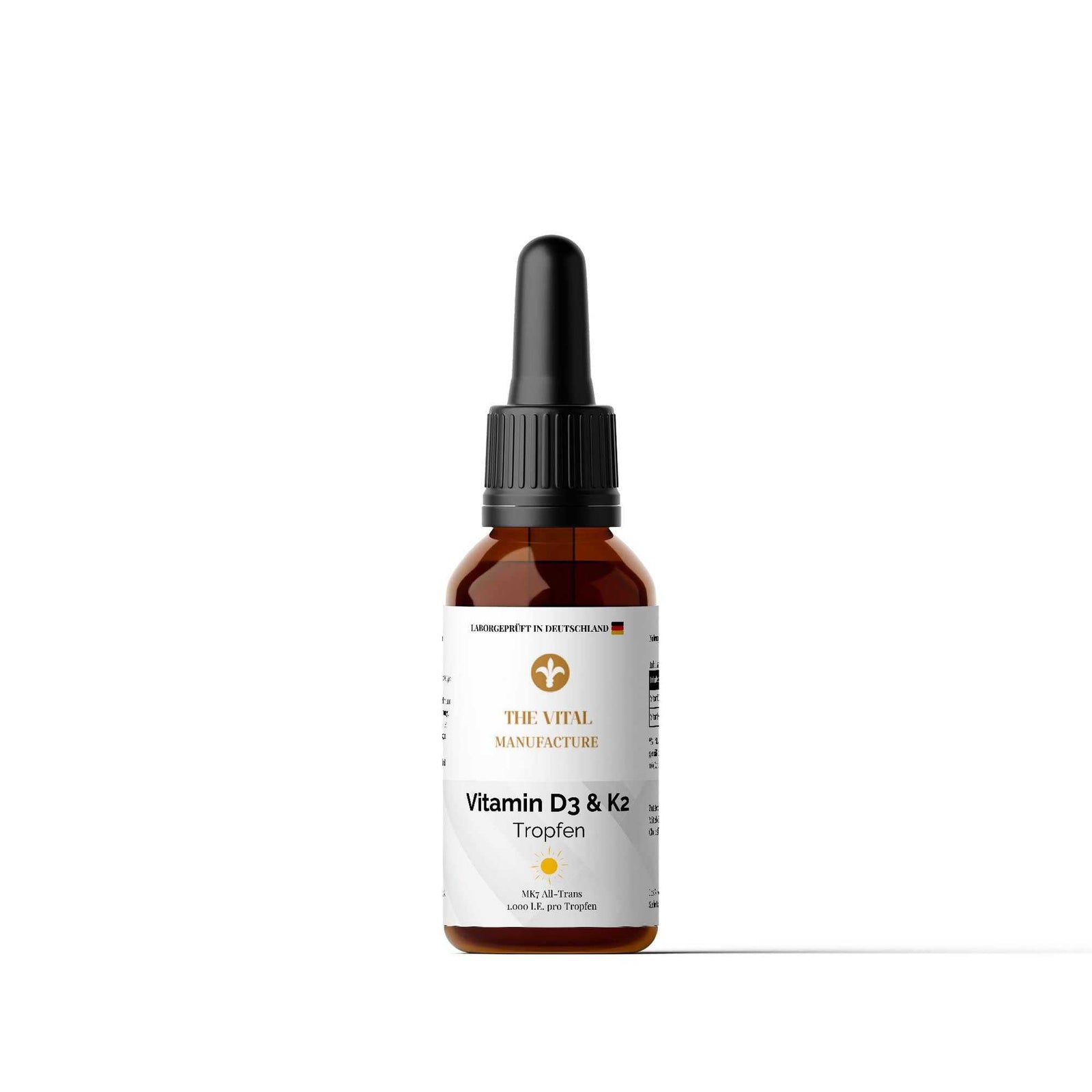 50ml Flasche Vitamin D3 & K2 Tropfen von THE VITAL MANUFACTURE, laborgeprüft, 1000 I.E. pro Tropfen auf Kokosöl-Basis.