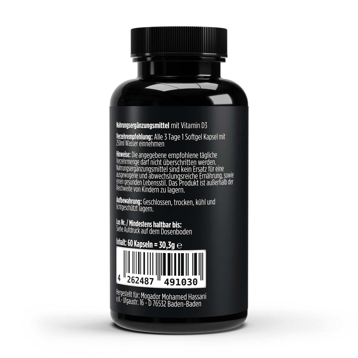Schwarze Dose der veganen Vitamin D3 Softgels von THE VITAL MANUFACTURE, 3.000 I.E. pro Kapsel, 60 vegane Softgels enthalten.