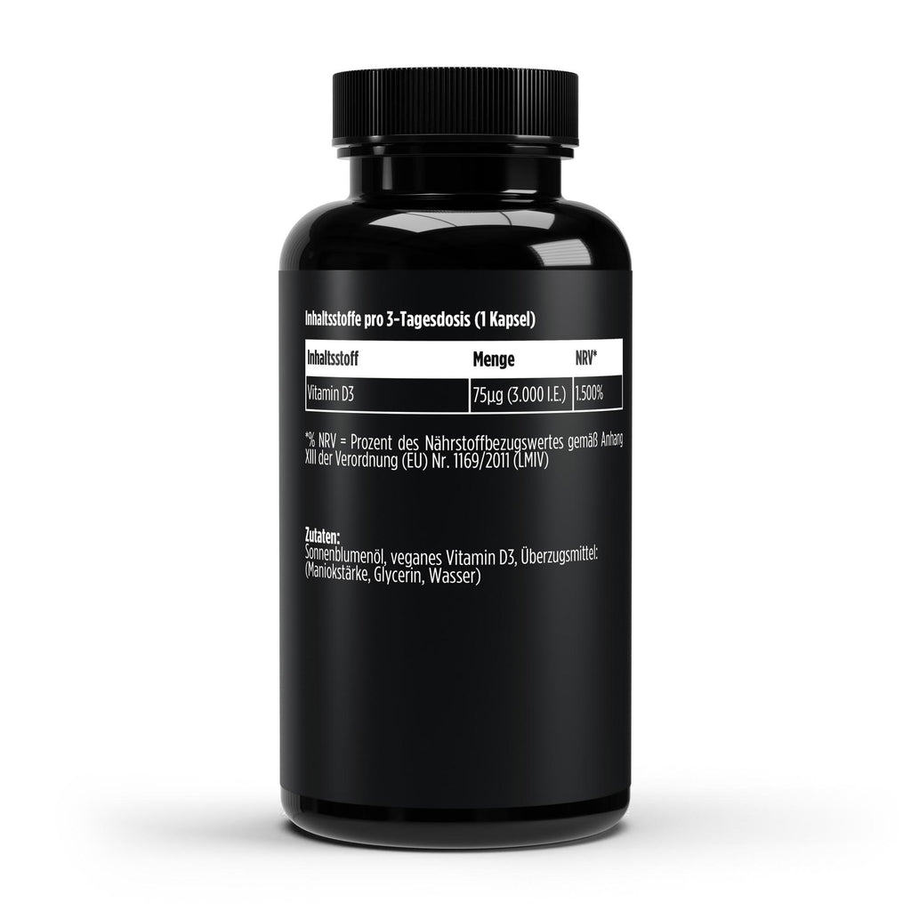 Schwarze Dose der veganen Vitamin D3 Softgels von THE VITAL MANUFACTURE, 3.000 I.E. pro Kapsel, 60 vegane Softgels enthalten.