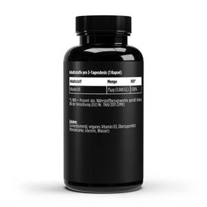 Schwarze Dose der veganen Vitamin D3 Softgels von THE VITAL MANUFACTURE, 3.000 I.E. pro Kapsel, 60 vegane Softgels enthalten.