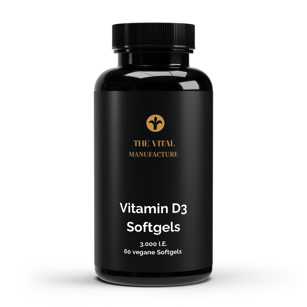 Schwarze Dose der veganen Vitamin D3 Softgels von THE VITAL MANUFACTURE, 3.000 I.E. pro Kapsel, 60 vegane Softgels enthalten.
