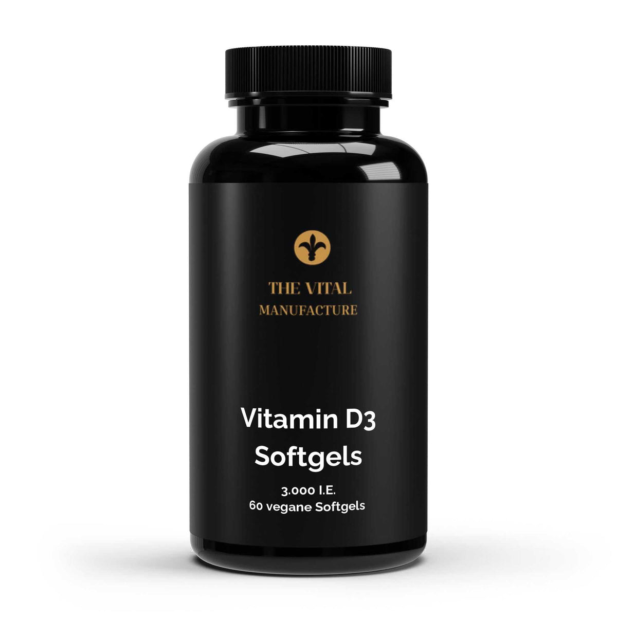 Schwarze Dose der veganen Vitamin D3 Softgels von THE VITAL MANUFACTURE, 3.000 I.E. pro Kapsel, 60 vegane Softgels enthalten.