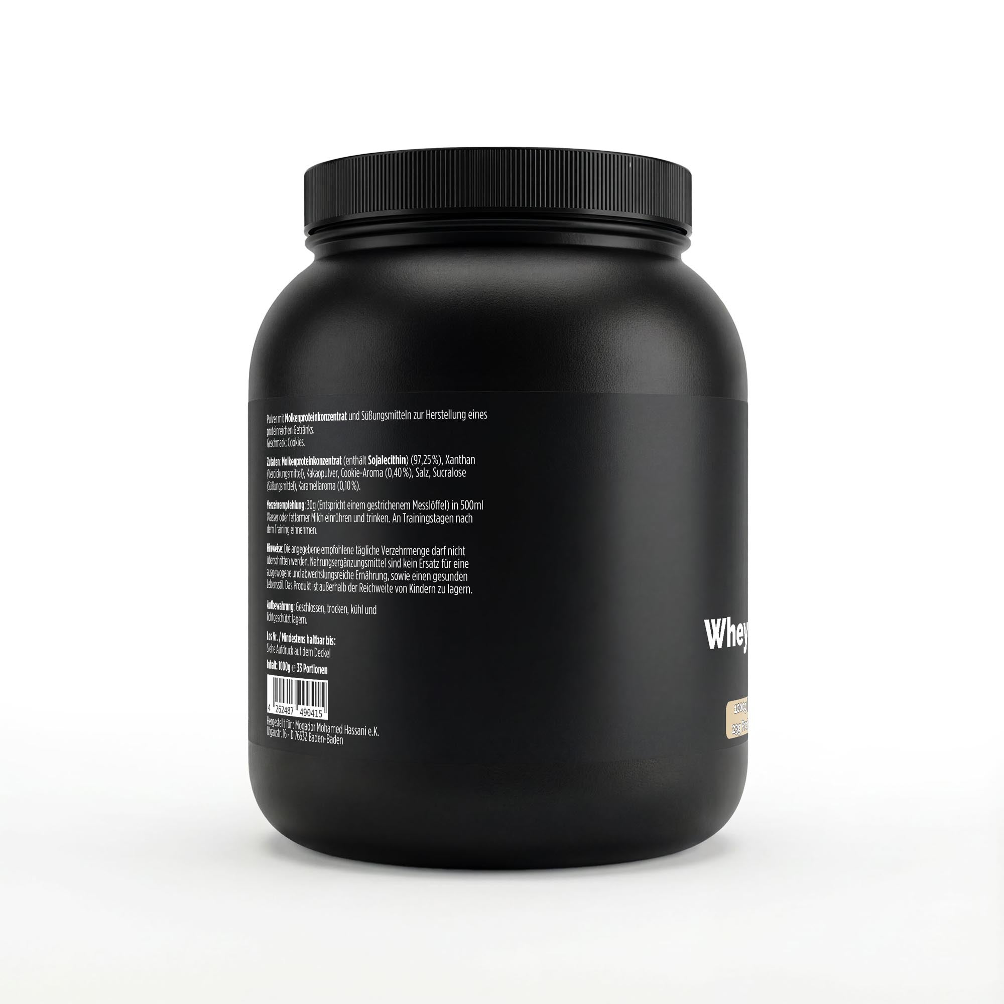 Schwarze Dose des Whey Protein Cookies von THE VITAL MANUFACTURE, 1000g Inhalt, mit Abbildung von Schoko-Keksen und Angabe von 23g Protein pro Portion.