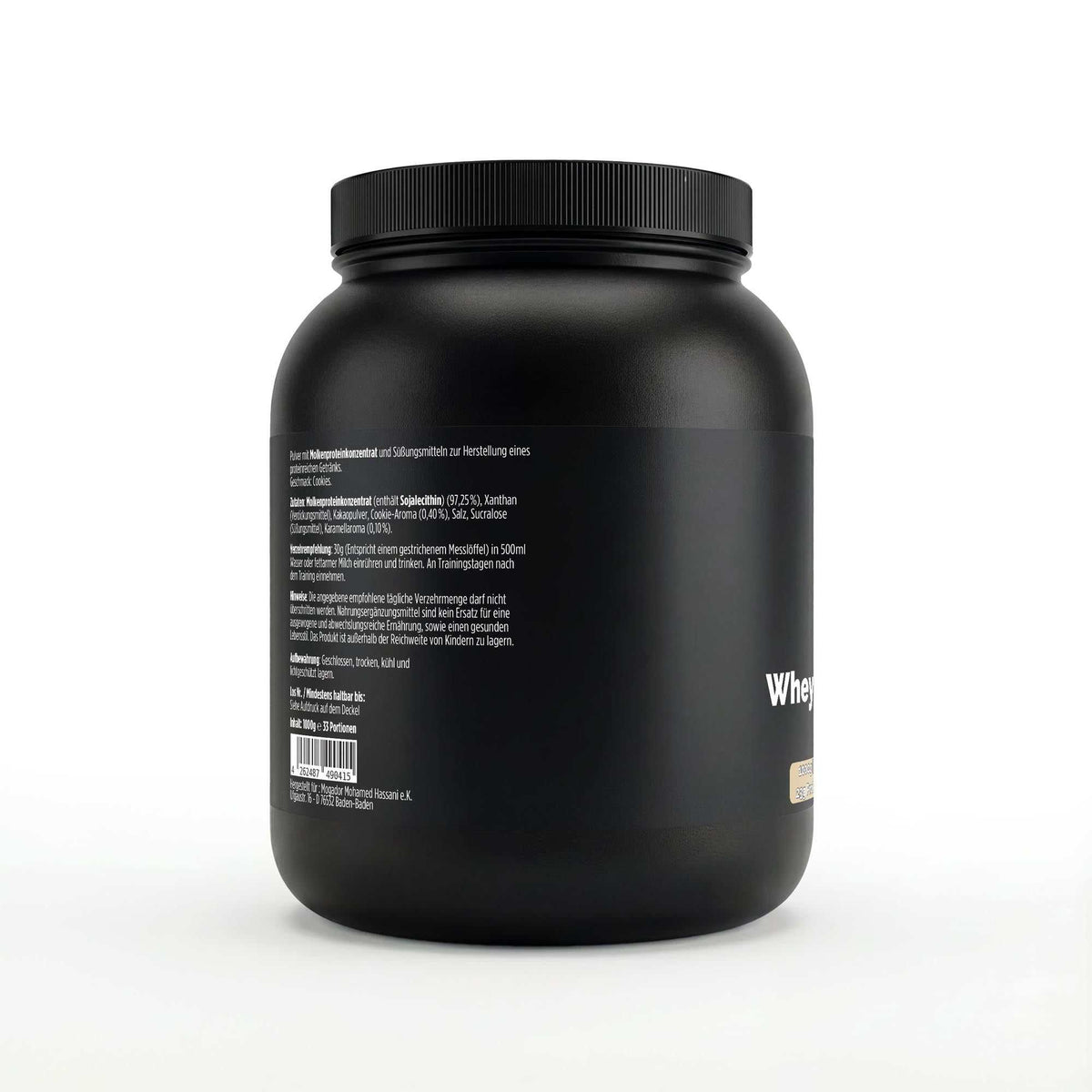 Schwarze Dose des Whey Protein Cookies von THE VITAL MANUFACTURE, 1000g Inhalt, mit Abbildung von Schoko-Keksen und Angabe von 23g Protein pro Portion.