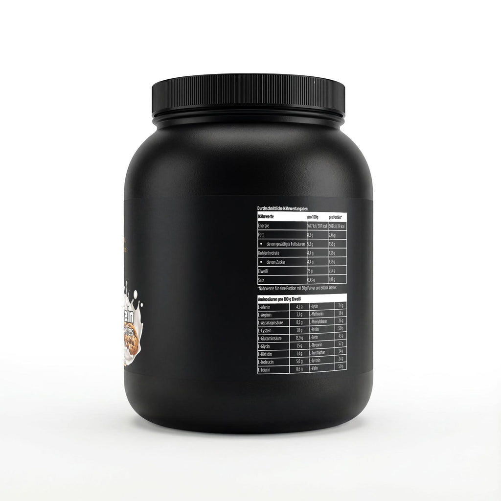 Schwarze Dose des Whey Protein Cookies von THE VITAL MANUFACTURE, 1000g Inhalt, mit Abbildung von Schoko-Keksen und Angabe von 23g Protein pro Portion.