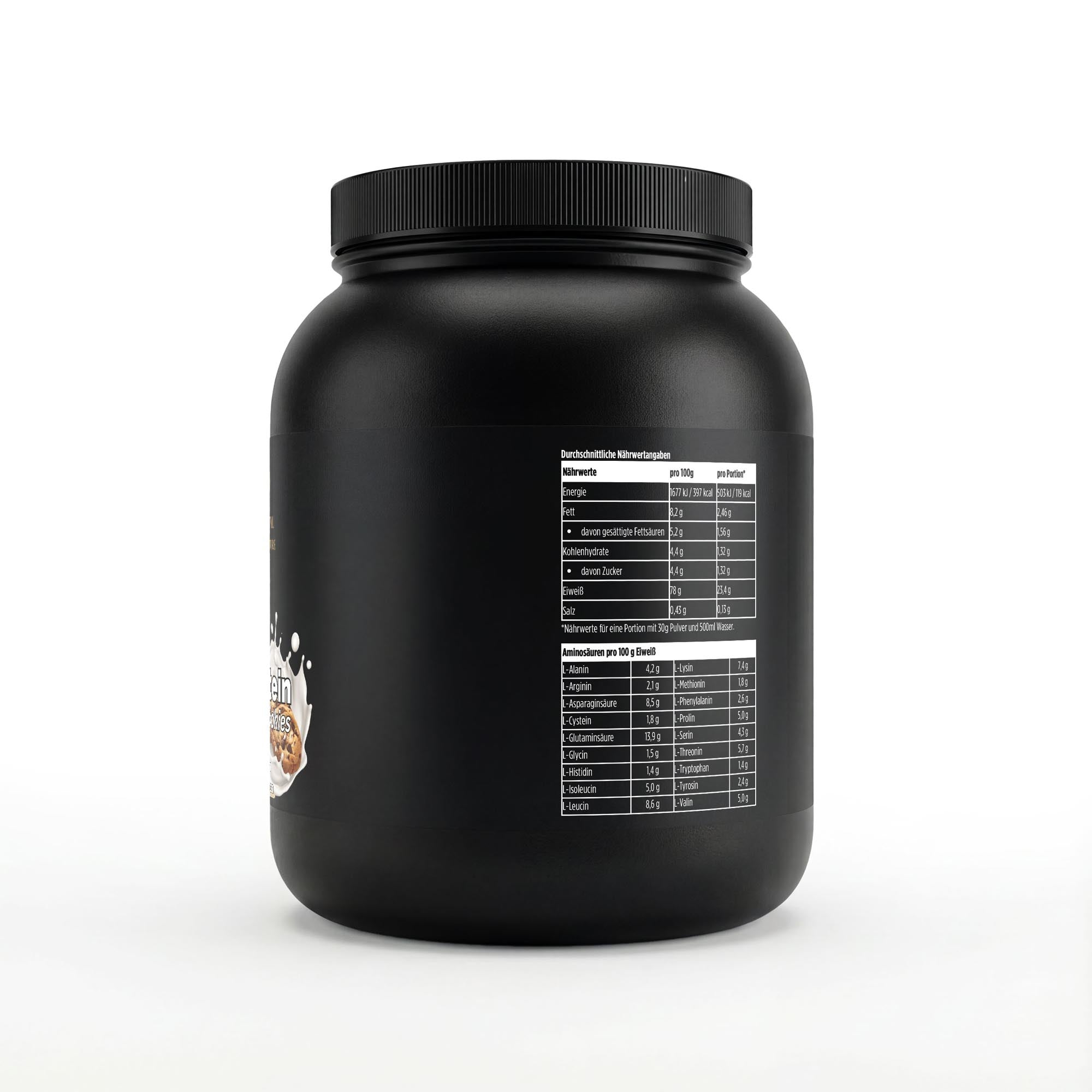 Schwarze Dose des Whey Protein Cookies von THE VITAL MANUFACTURE, 1000g Inhalt, mit Abbildung von Schoko-Keksen und Angabe von 23g Protein pro Portion.