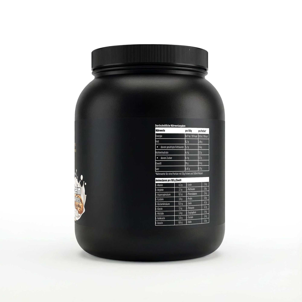Schwarze Dose des Whey Protein Cookies von THE VITAL MANUFACTURE, 1000g Inhalt, mit Abbildung von Schoko-Keksen und Angabe von 23g Protein pro Portion.