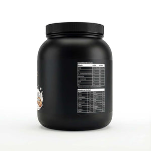 Schwarze Dose des Whey Protein Cookies von THE VITAL MANUFACTURE, 1000g Inhalt, mit Abbildung von Schoko-Keksen und Angabe von 23g Protein pro Portion.