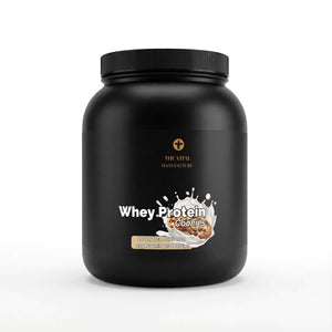Schwarze Dose des Whey Protein Cookies von THE VITAL MANUFACTURE, 1000g Inhalt, mit Abbildung von Schoko-Keksen und Angabe von 23g Protein pro Portion.