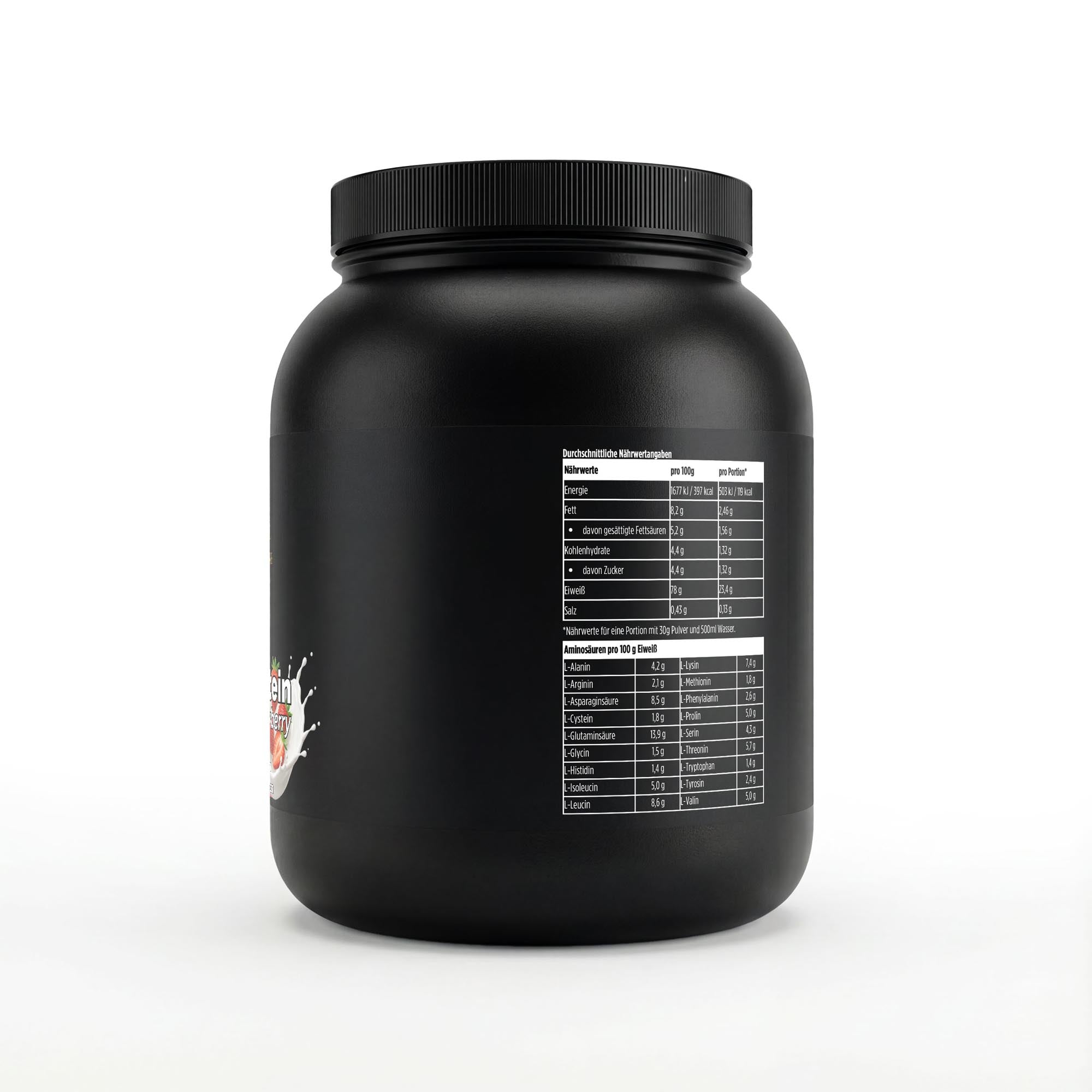 Schwarze Dose des Whey Protein Strawberry von THE VITAL MANUFACTURE, 1000g Inhalt, mit Erdbeer-Grafik und Angabe von 23g Protein pro Portion.