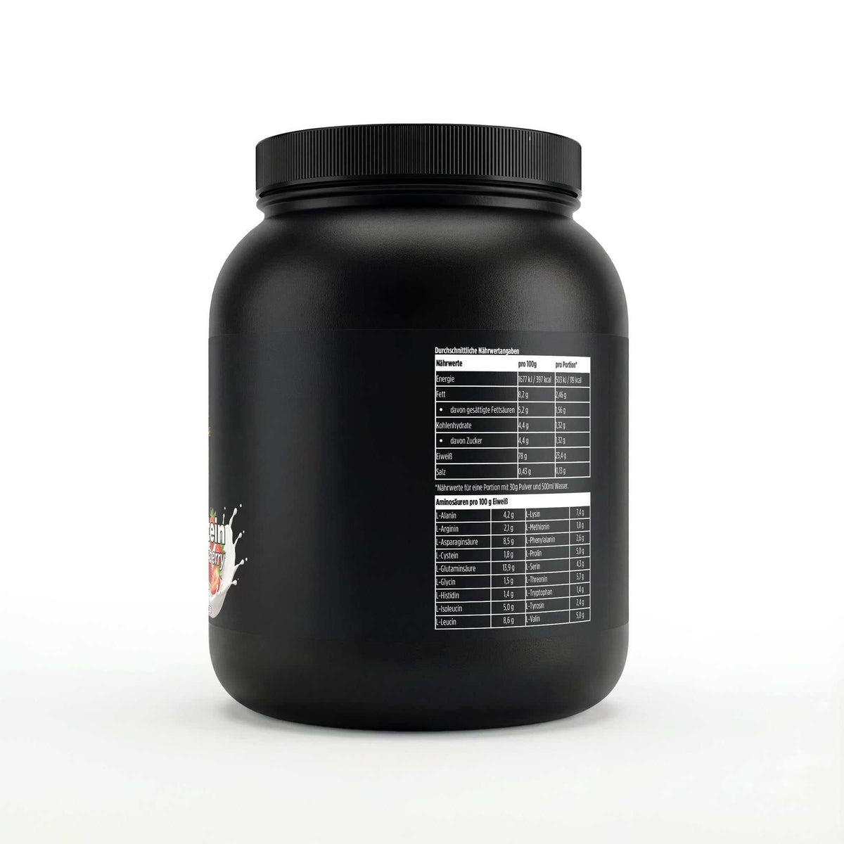 Schwarze Dose des Whey Protein Strawberry von THE VITAL MANUFACTURE, 1000g Inhalt, mit Erdbeer-Grafik und Angabe von 23g Protein pro Portion.