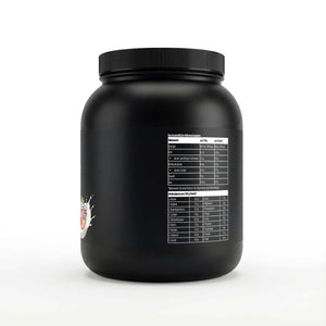 Schwarze Dose des Whey Protein Strawberry von THE VITAL MANUFACTURE, 1000g Inhalt, mit Erdbeer-Grafik und Angabe von 23g Protein pro Portion.