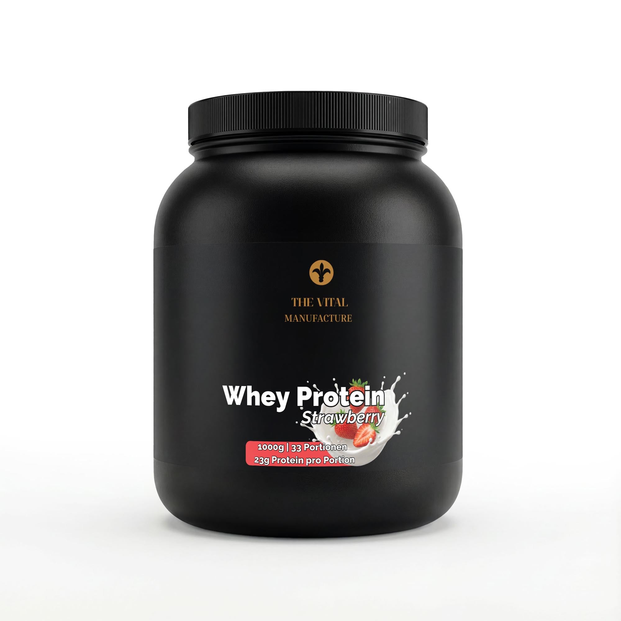 Schwarze Dose des Whey Protein Strawberry von THE VITAL MANUFACTURE, 1000g Inhalt, mit Erdbeer-Grafik und Angabe von 23g Protein pro Portion.