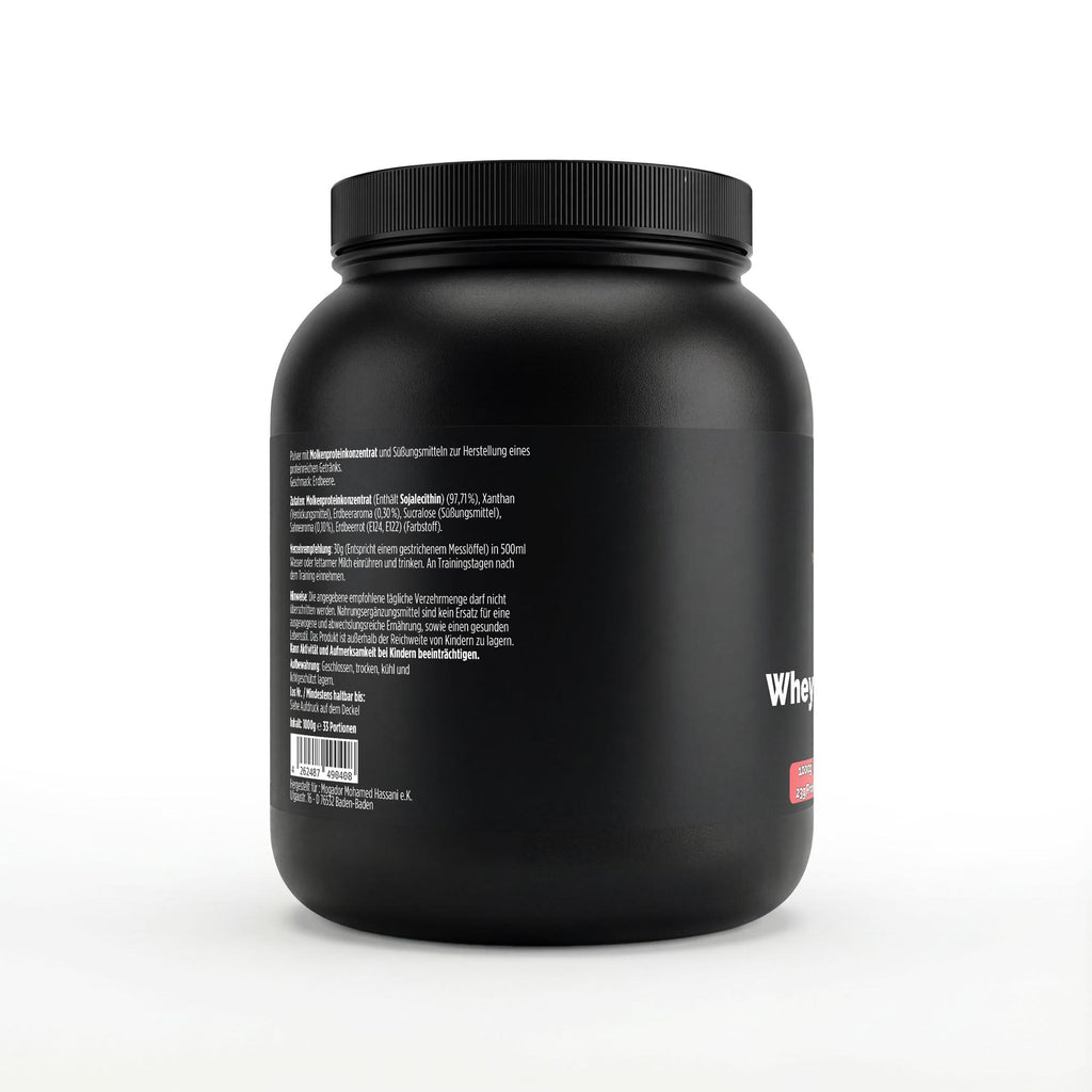 Schwarze Dose des Whey Protein Strawberry von THE VITAL MANUFACTURE, 1000g Inhalt, mit Erdbeer-Grafik und Angabe von 23g Protein pro Portion.
