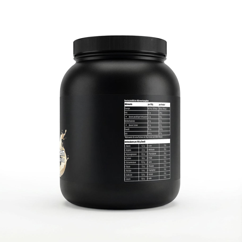 Schwarze Dose des Whey Protein Vanilla von THE VITAL MANUFACTURE, 1000g Inhalt, mit Vanille-Grafik und dem Hinweis auf 23g Protein pro Portion.