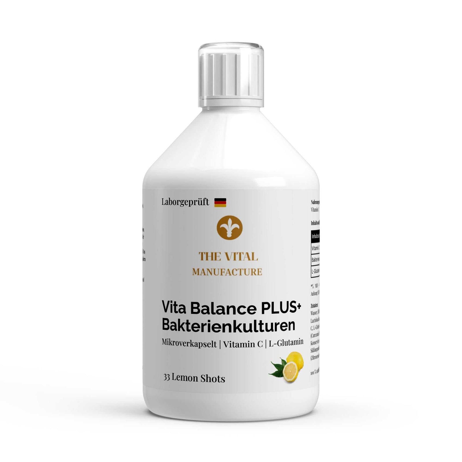 Vita Balance PLUS+ weiße Kunststoffflasche mit weißem Schraubverschluss und schwarzem Schriftaufdruck Bakterienkulturen