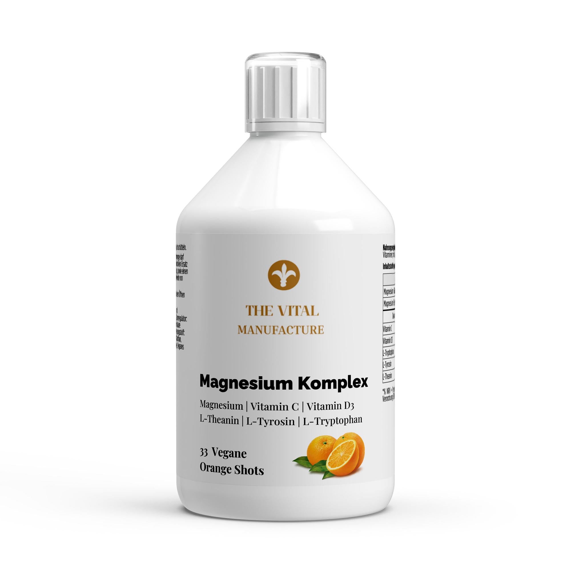 Sonnengereifte Orangen als Symbol für das 100% natürliche Aroma des Magnesium Komplex Shots von The Vital Manufacture – Fokus auf natürliche Inhaltsstoffe und Frische.