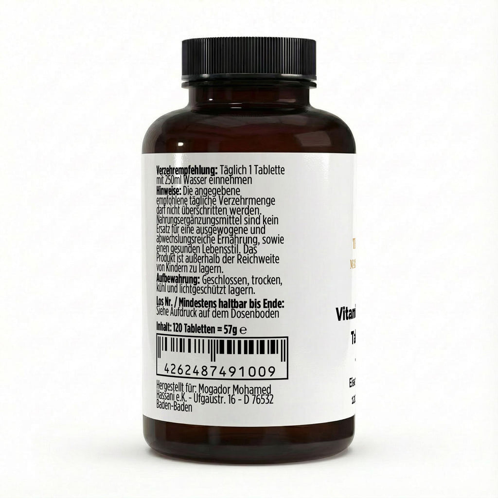Verzehrempfehlung 120 veganen Vitamin C + Eisen Tabletten von THE VITAL MANUFACTURE