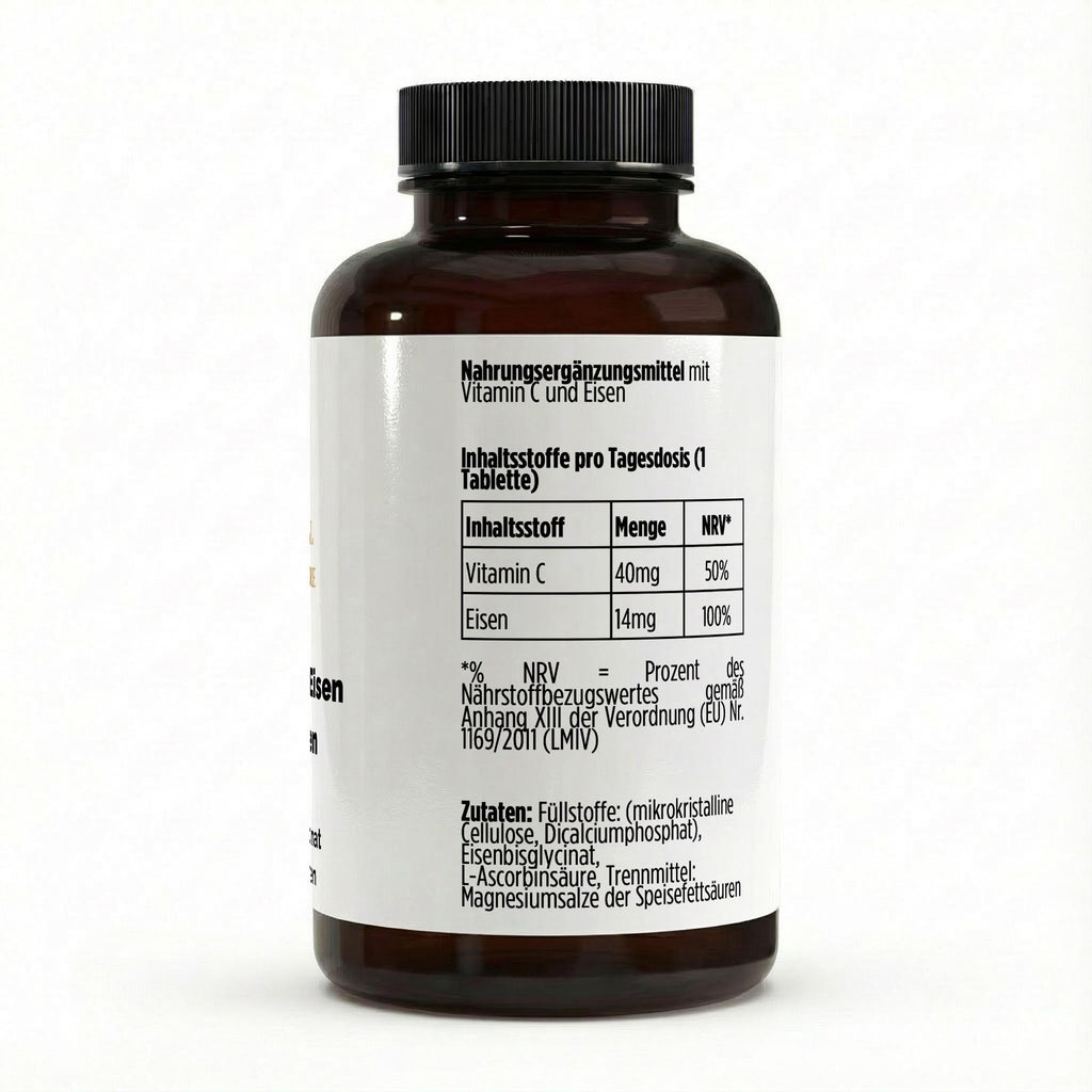 Zusammensetzung der Dose mit 120 veganen Vitamin C + Eisen Tabletten von THE VITAL MANUFACTURE