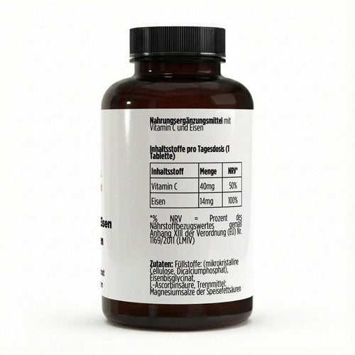 Zusammensetzung der Dose mit 120 veganen Vitamin C + Eisen Tabletten von THE VITAL MANUFACTURE