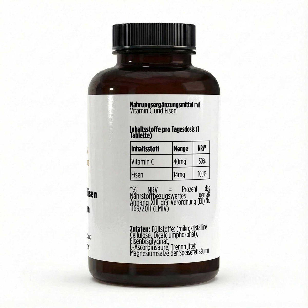 Zusammensetzung der Dose mit 120 veganen Vitamin C + Eisen Tabletten von THE VITAL MANUFACTURE