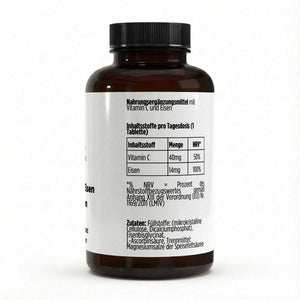 Zusammensetzung der Dose mit 120 veganen Vitamin C + Eisen Tabletten von THE VITAL MANUFACTURE