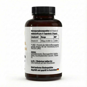 Vitamin D3 Softgels in brauner Kunststoffdose mit schwarzem Schraubverschluss und weißem Etikett mit Inhaltsstoffangaben