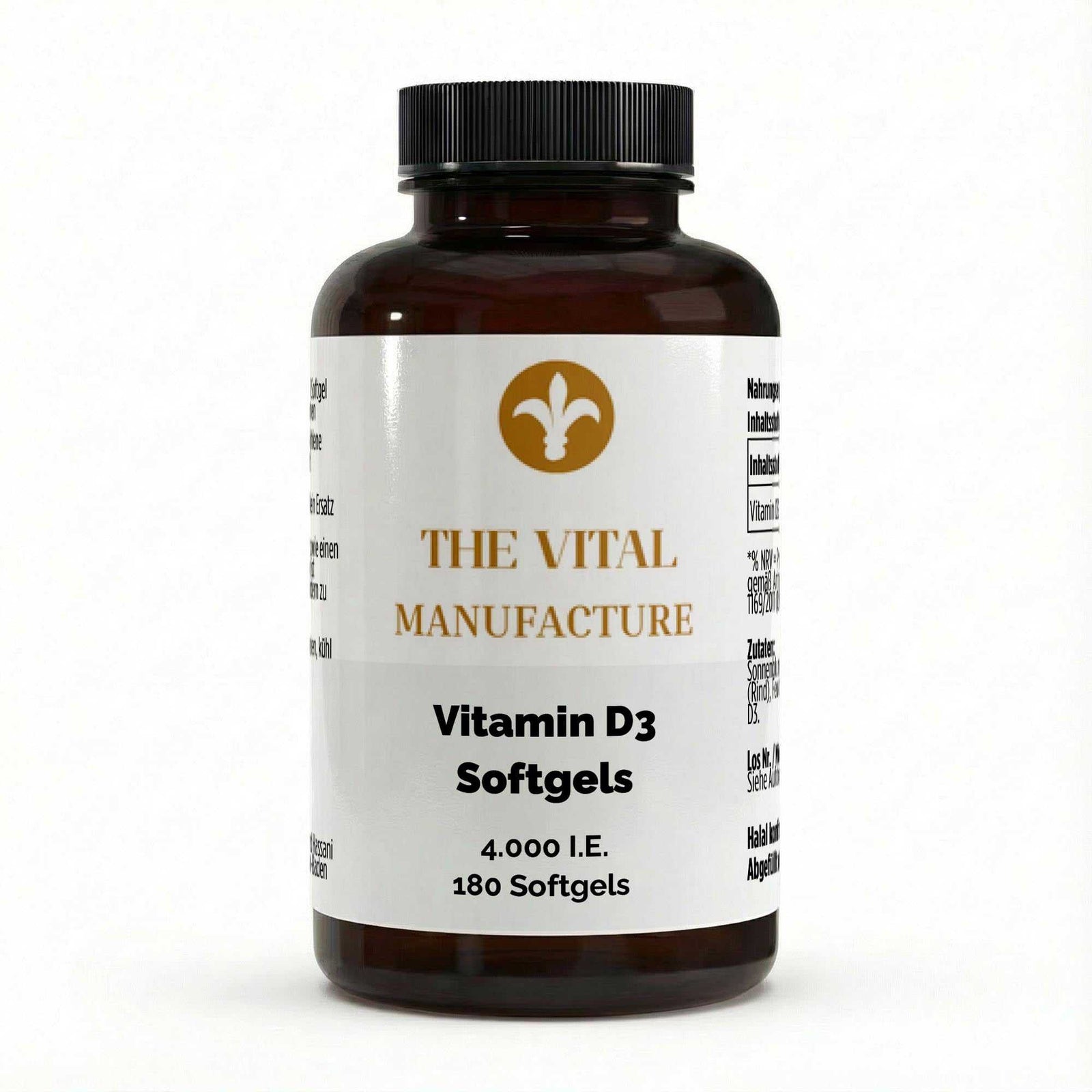 Vitamin D3 Softgels in braunem Kunststoffbehälter mit weißem Etikett und schwarzem Schraubverschluss
