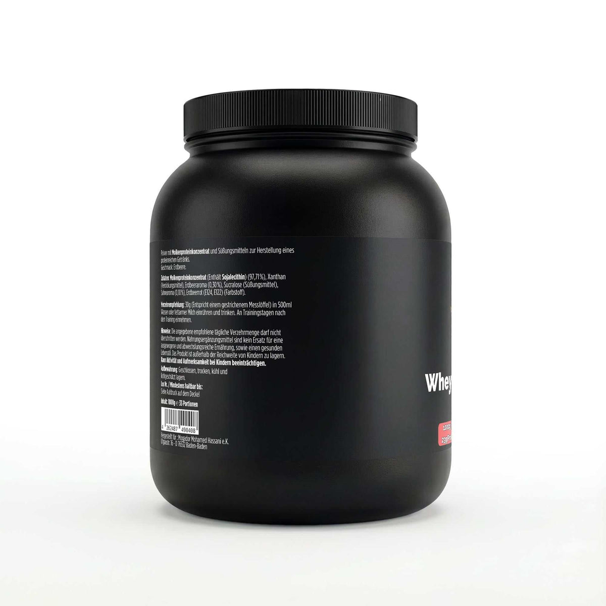 Whey Protein Erdbeere in schwarzem Kunststoffbehälter mit weißem und rotem Etikett, 1.000g Pulver