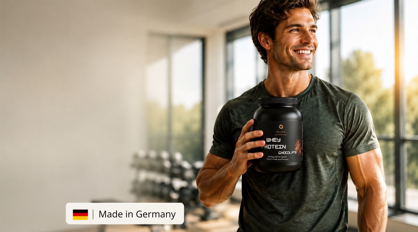 Sportlicher Mann im Fitnessstudio mit Premium Whey Protein Schokolade von The Vital Manufacture und Made-in-Germany-Kennzeichnung