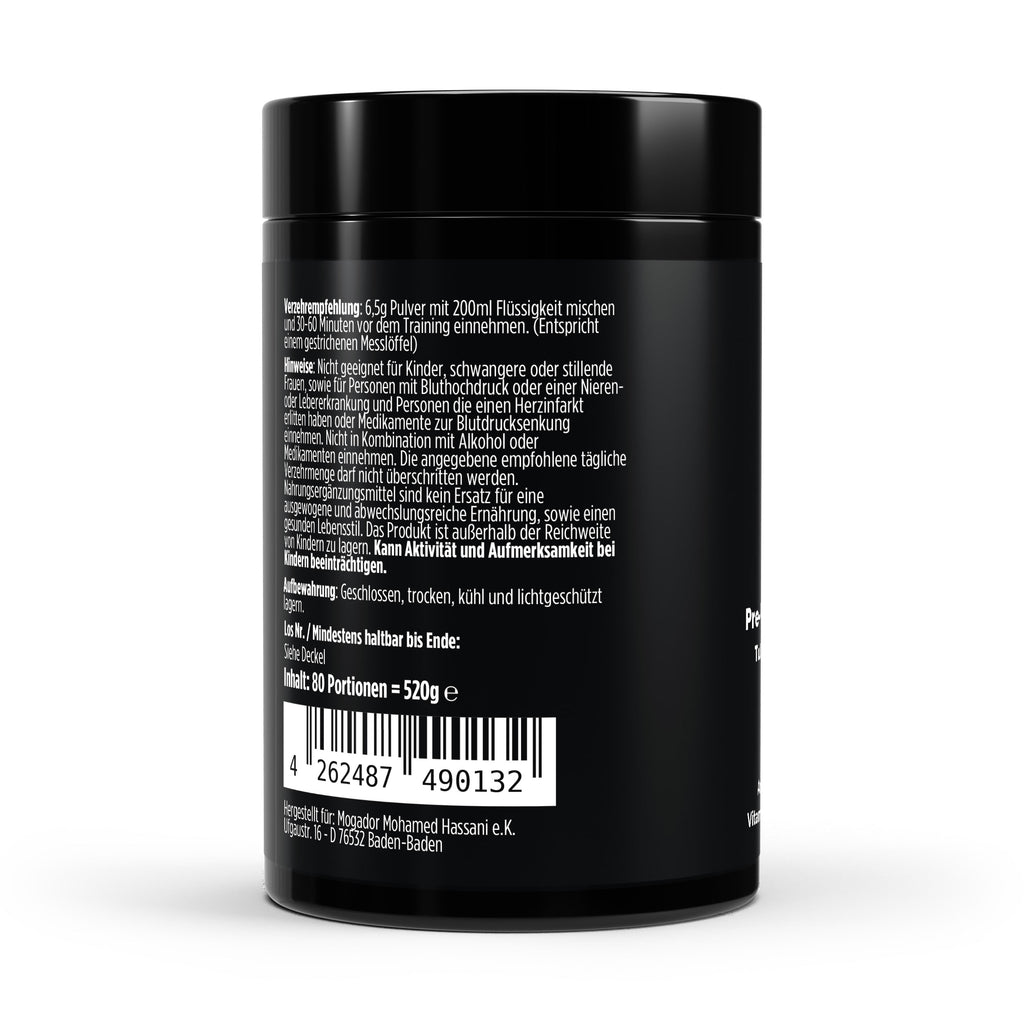 Zubereitungsempfehlung des Boosters mit Beta-Alanin, Kreatin, L-Arginin und Vitamin-B-Komplex.