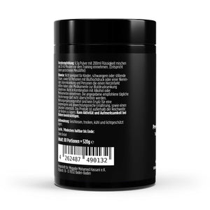 Zubereitungsempfehlung des Boosters mit Beta-Alanin, Kreatin, L-Arginin und Vitamin-B-Komplex.