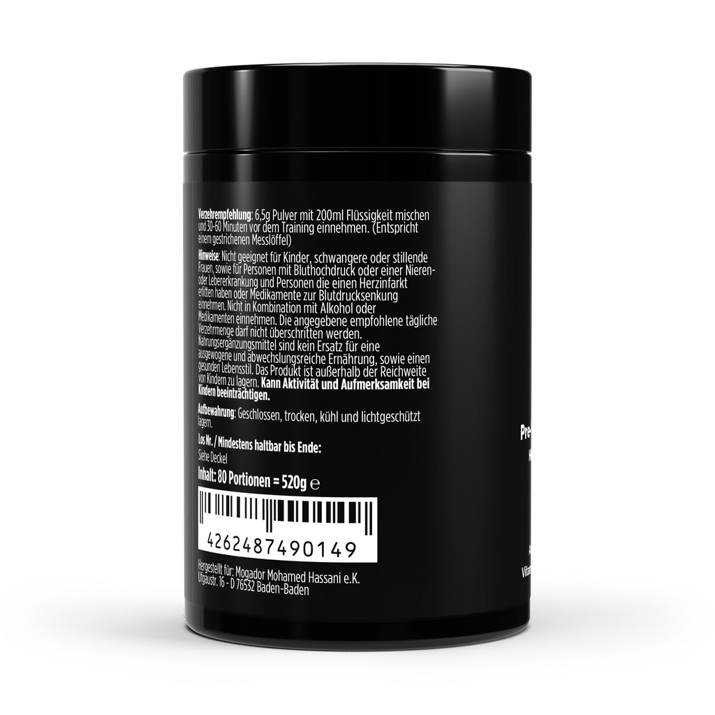 Zubereitungsempfehlung vom Pre-Workout Booster Pulver mit Himbeer-Geschmack von The Vital Manufacture, 520g Dose mit Koffein, Kreatin und Aminosäuren.