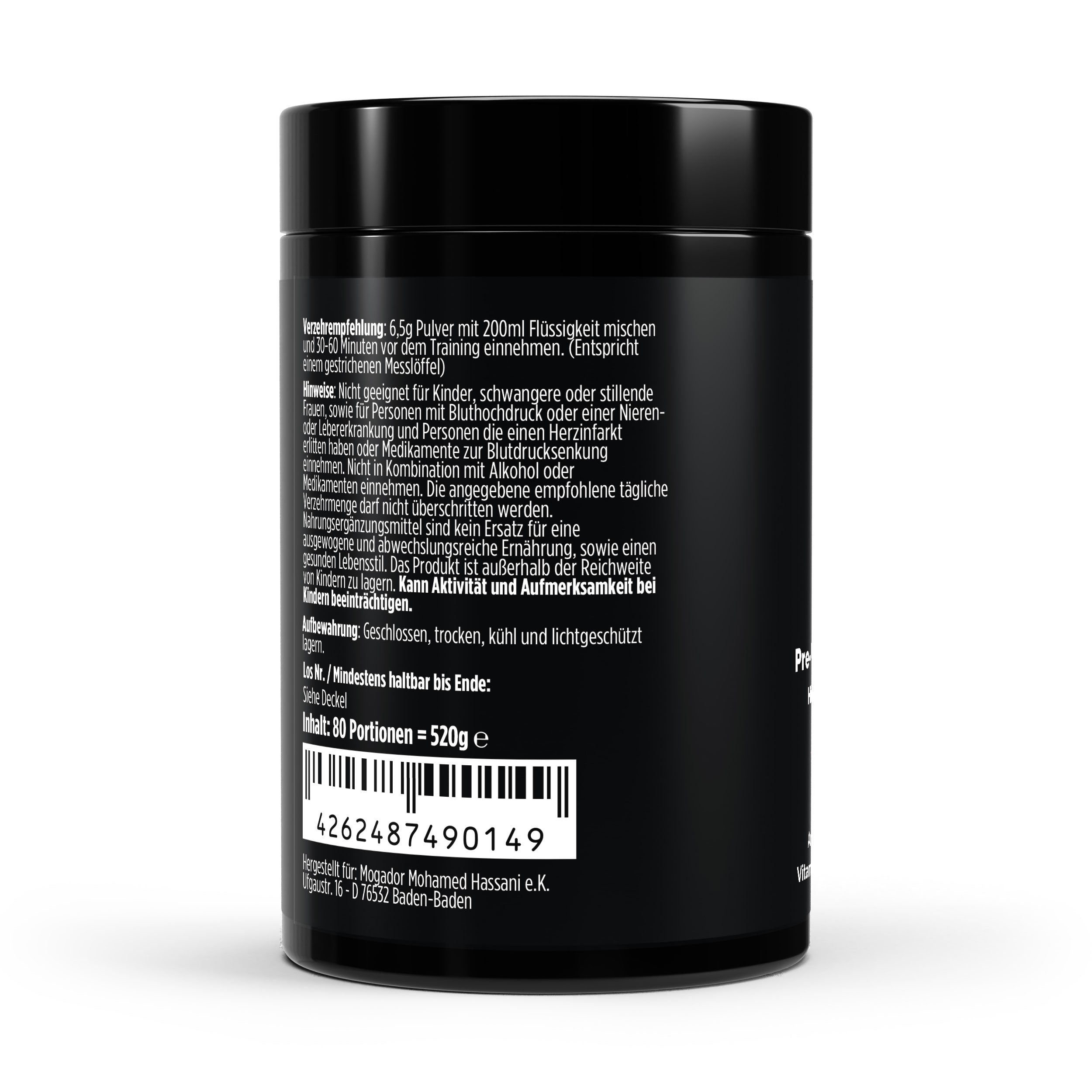 Zubereitungsempfehlung vom Pre-Workout Booster Pulver mit Himbeer-Geschmack von The Vital Manufacture, 520g Dose mit Koffein, Kreatin und Aminosäuren.