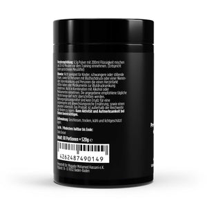 Zubereitungsempfehlung vom Pre-Workout Booster Pulver mit Himbeer-Geschmack von The Vital Manufacture, 520g Dose mit Koffein, Kreatin und Aminosäuren.